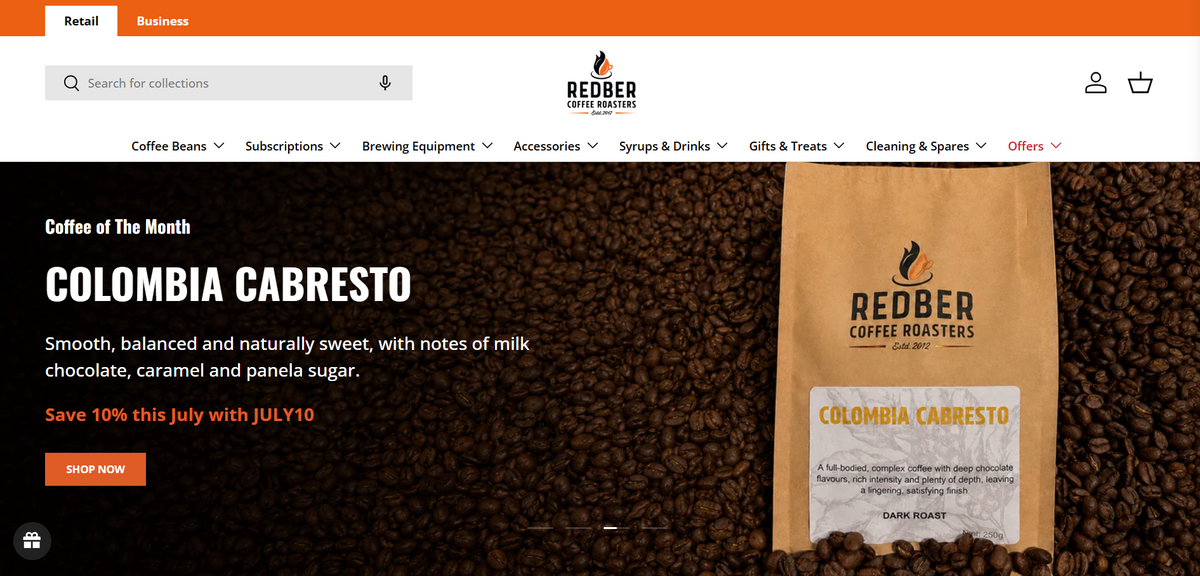 Redber Coffee Shopify homepage