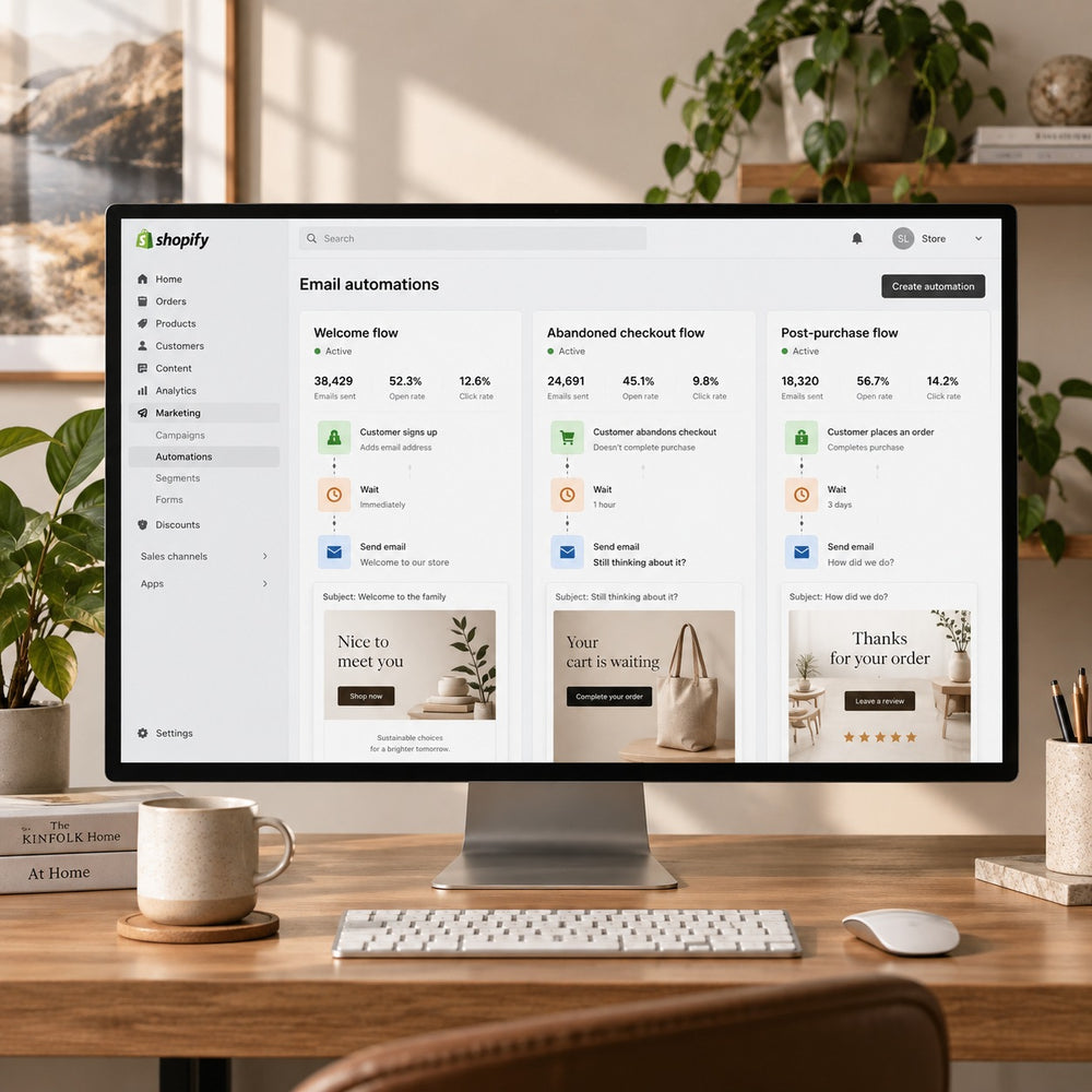 Mind the Shop Email Flows service cover for three core Shopify Email automations