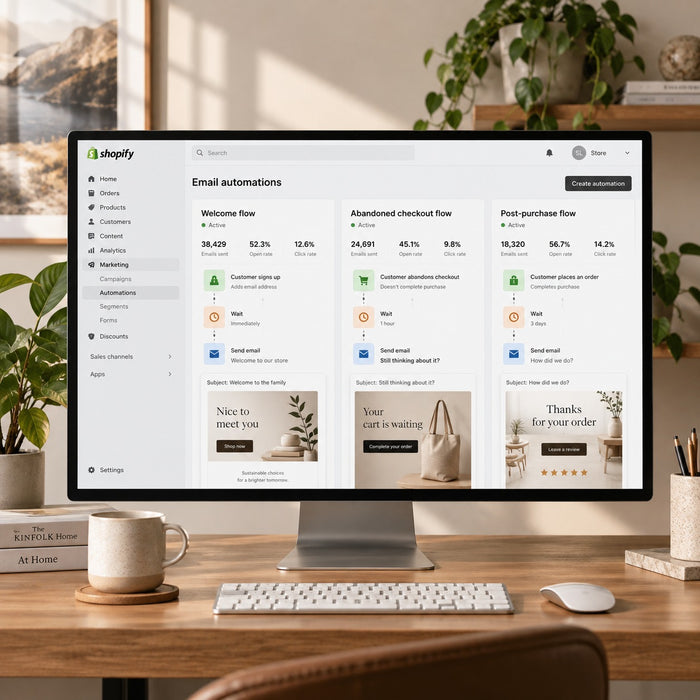 Mind the Shop Email Flows service cover for three core Shopify Email automations
