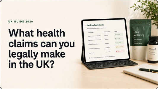 Wellness product packaging and compliance notes illustrating UK health-claims rules for brands in 2026