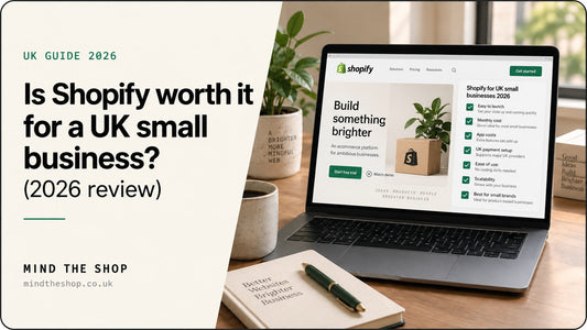 Laptop displaying a Shopify store and admin screen for a UK small-business Shopify review