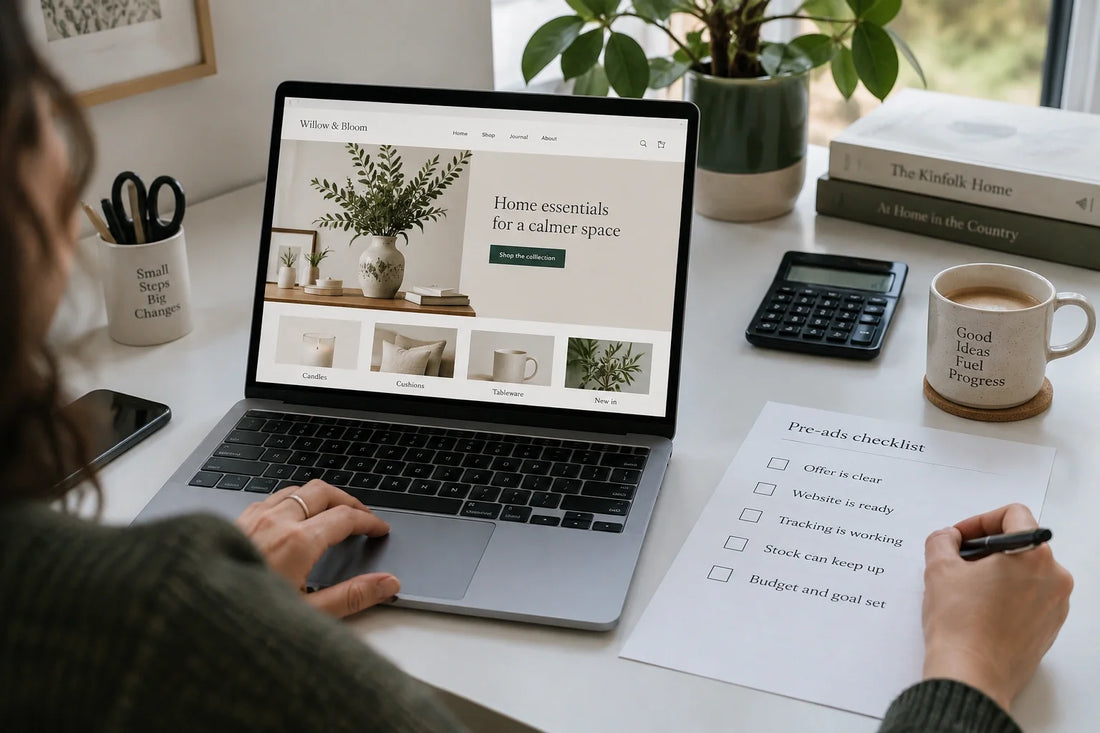 Business owner reviewing a pre-ads checklist beside a laptop before launching paid advertising.