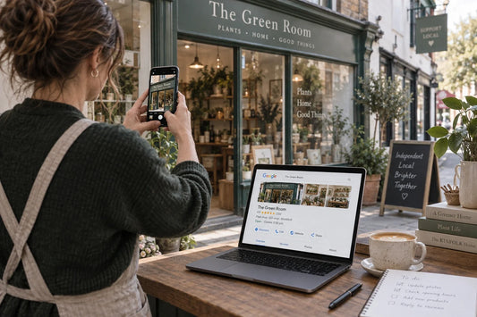 Independent shop owner updating Google Business Profile details and taking storefront photos for local search.