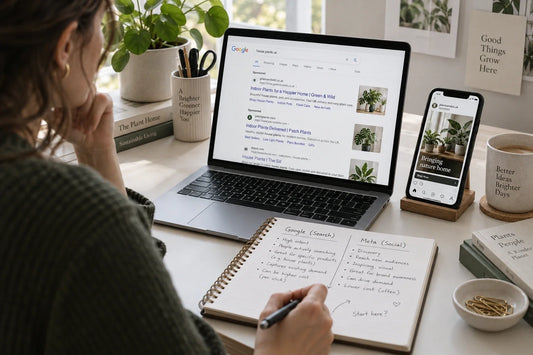 Business owner comparing Google Search ads and Meta social ads on a laptop and phone at a desk.