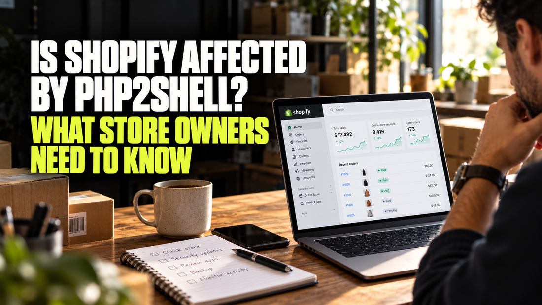 Shopify store owner reviewing a laptop dashboard with the headline Is Shopify affected by PHP2Shell? What store owners need to know.
