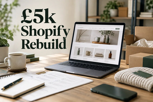 Laptop displaying a Shopify storefront beside a printed rebuild plan on a bright workspace.