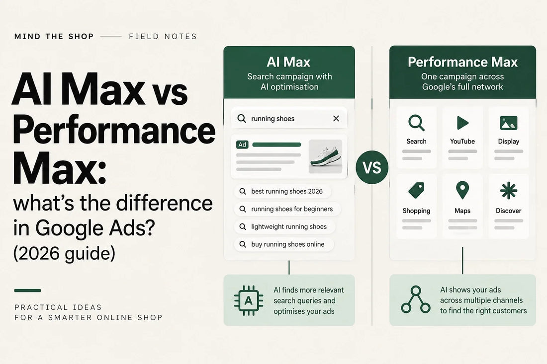 Comparison graphic showing AI Max as a Search campaign optimisation layer and Performance Max across multiple Google Ads channels.