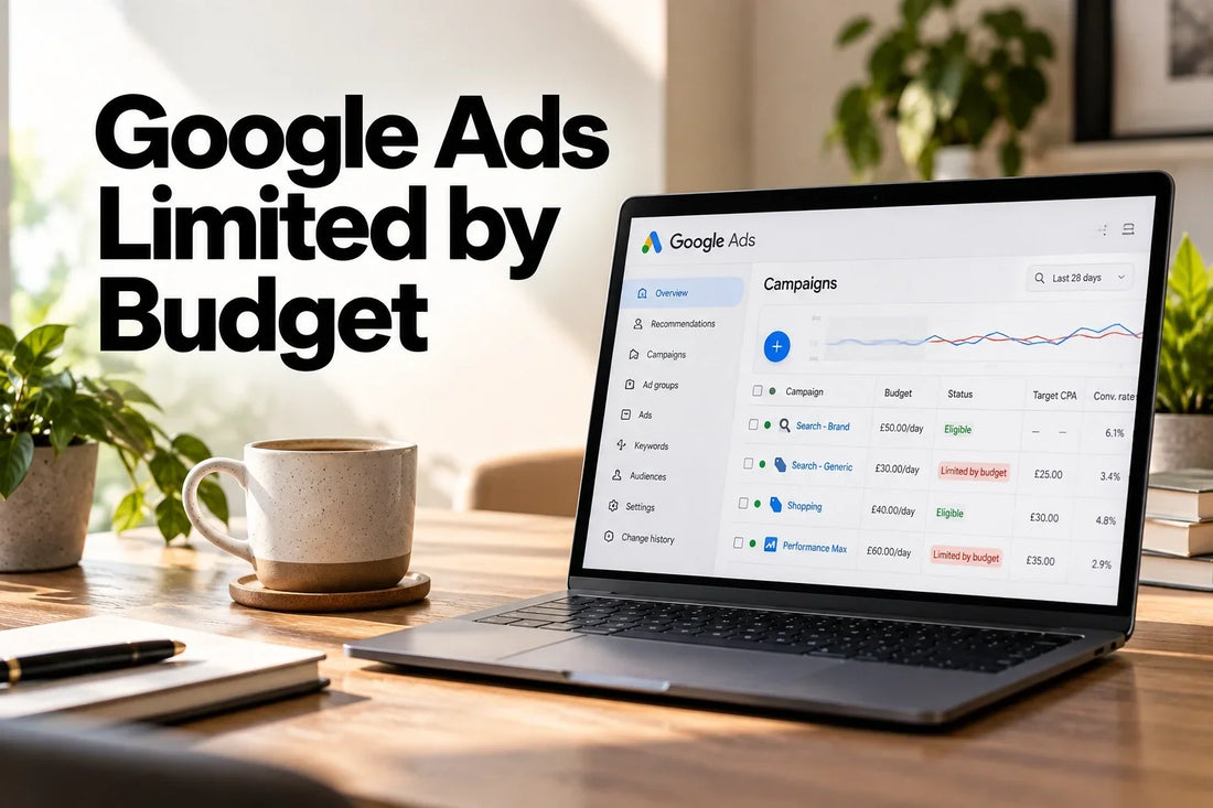 Laptop showing Google Ads campaigns with Limited by budget statuses on a clean workspace.