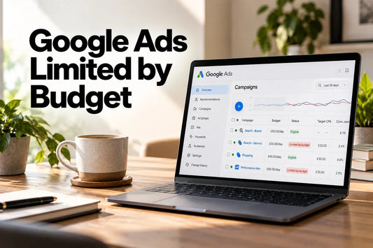 Laptop showing Google Ads campaigns with Limited by budget statuses on a clean workspace.