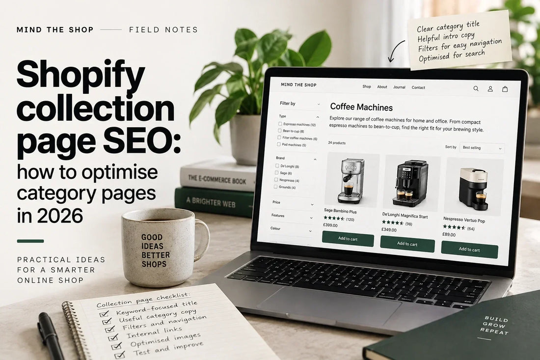 Shopify collection page with category copy, filters and product grid shown on a laptop.