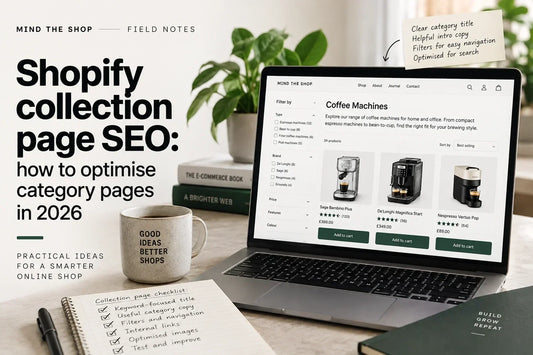 Shopify collection page with category copy, filters and product grid shown on a laptop.