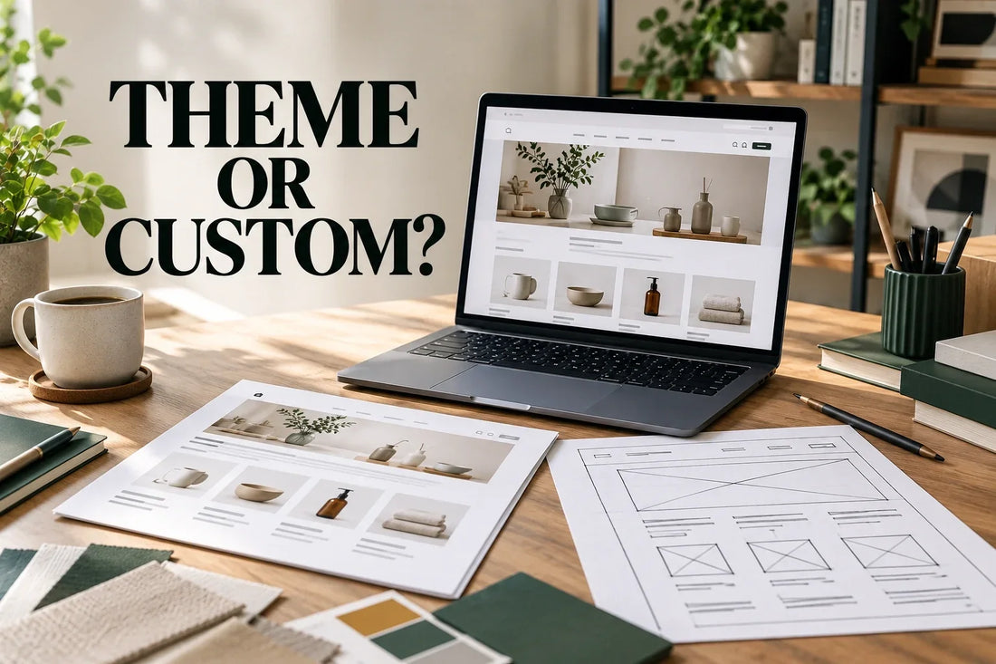 Laptop showing an ecommerce storefront beside theme mockups and a custom wireframe on a bright workspace.