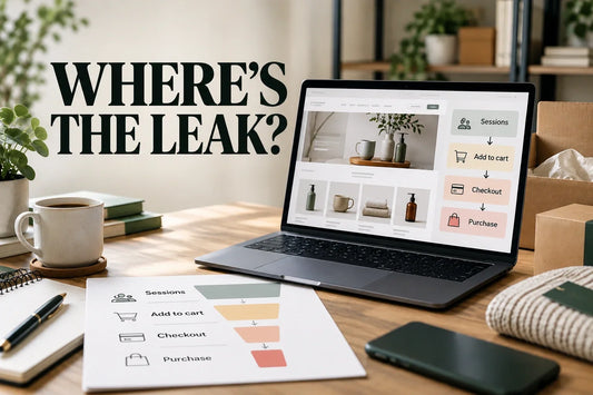 Laptop and printed worksheet showing a simple ecommerce conversion funnel from sessions to purchase.