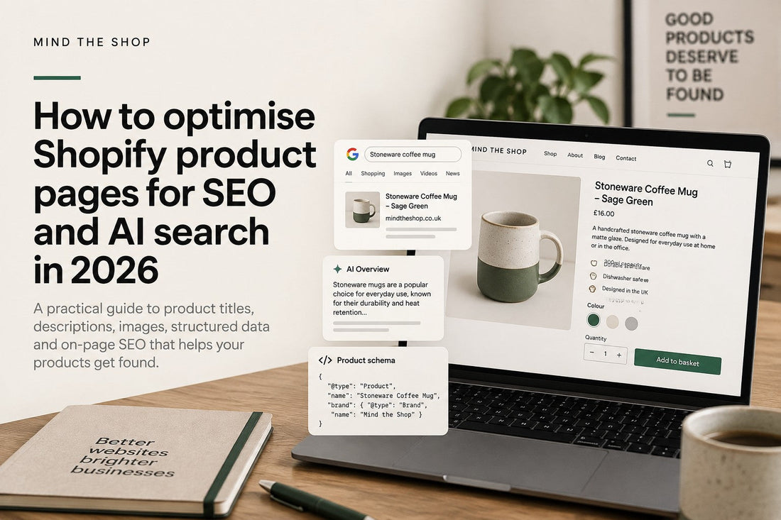 Shopify product page on a laptop during SEO and AI search optimisation
