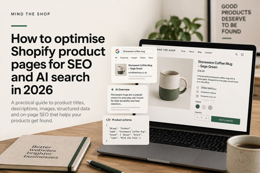 Shopify product page on a laptop during SEO and AI search optimisation