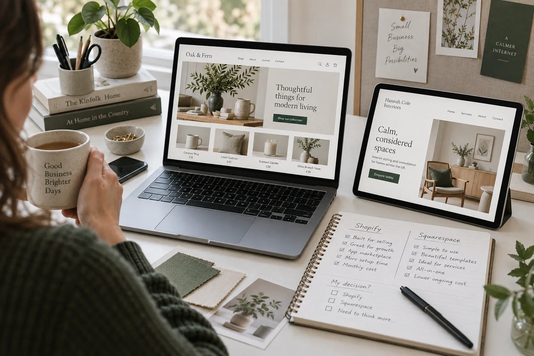 Business owner comparing a Shopify ecommerce site and a Squarespace-style service website on two screens.