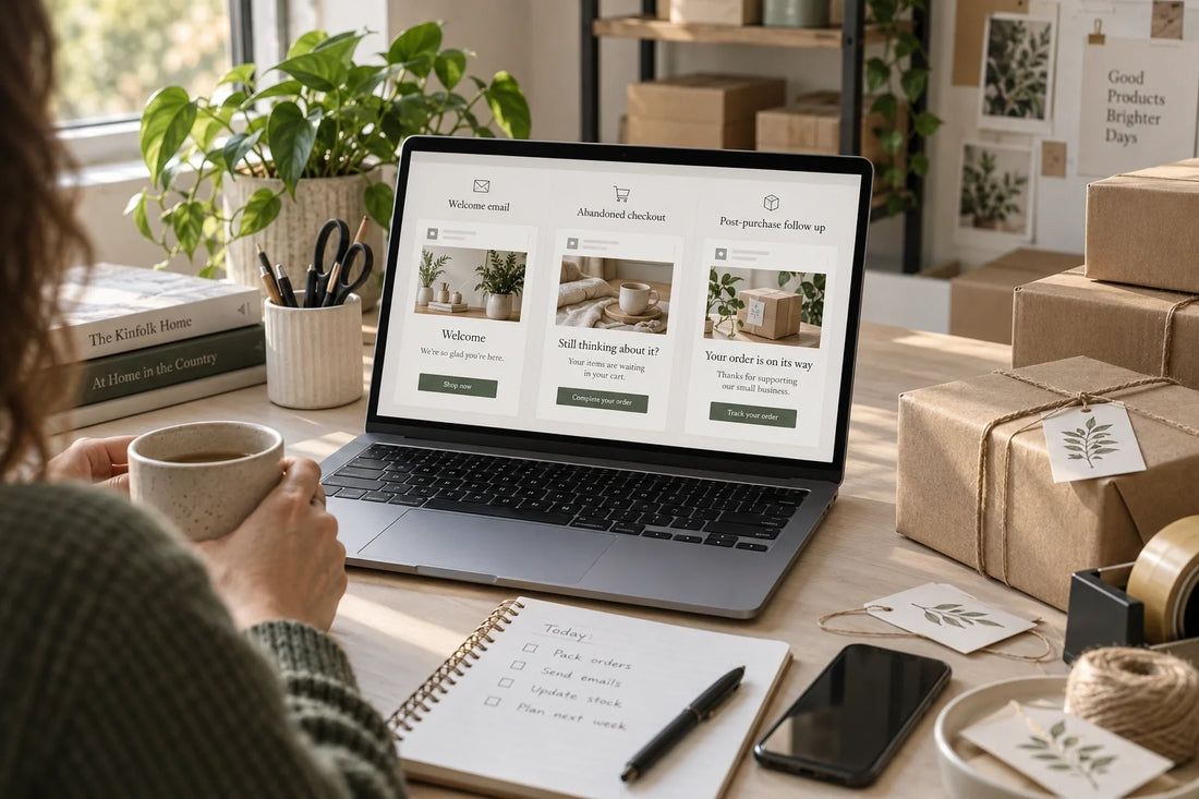 Small business packing bench with laptop showing welcome, abandoned-checkout and post-purchase email examples.