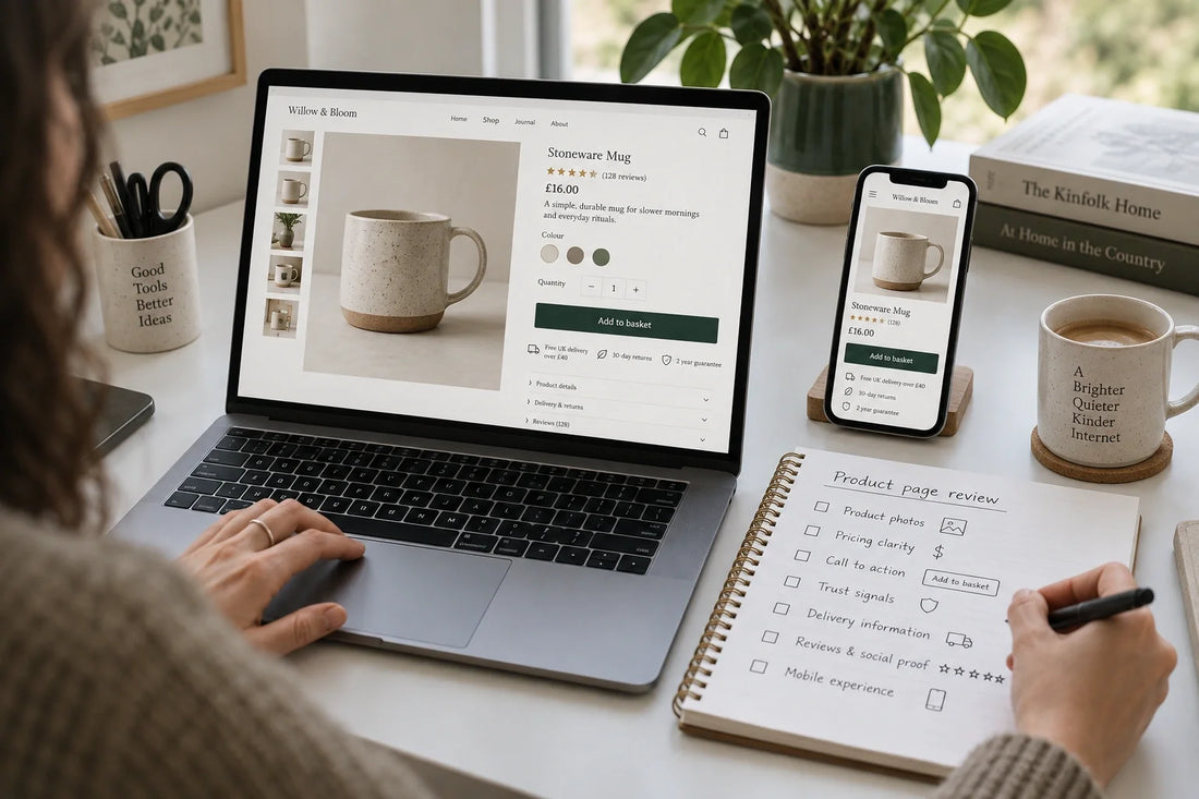 Laptop showing an ecommerce product page review with product-page conversion checklist beside it.