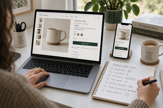 Laptop showing an ecommerce product page review with product-page conversion checklist beside it.