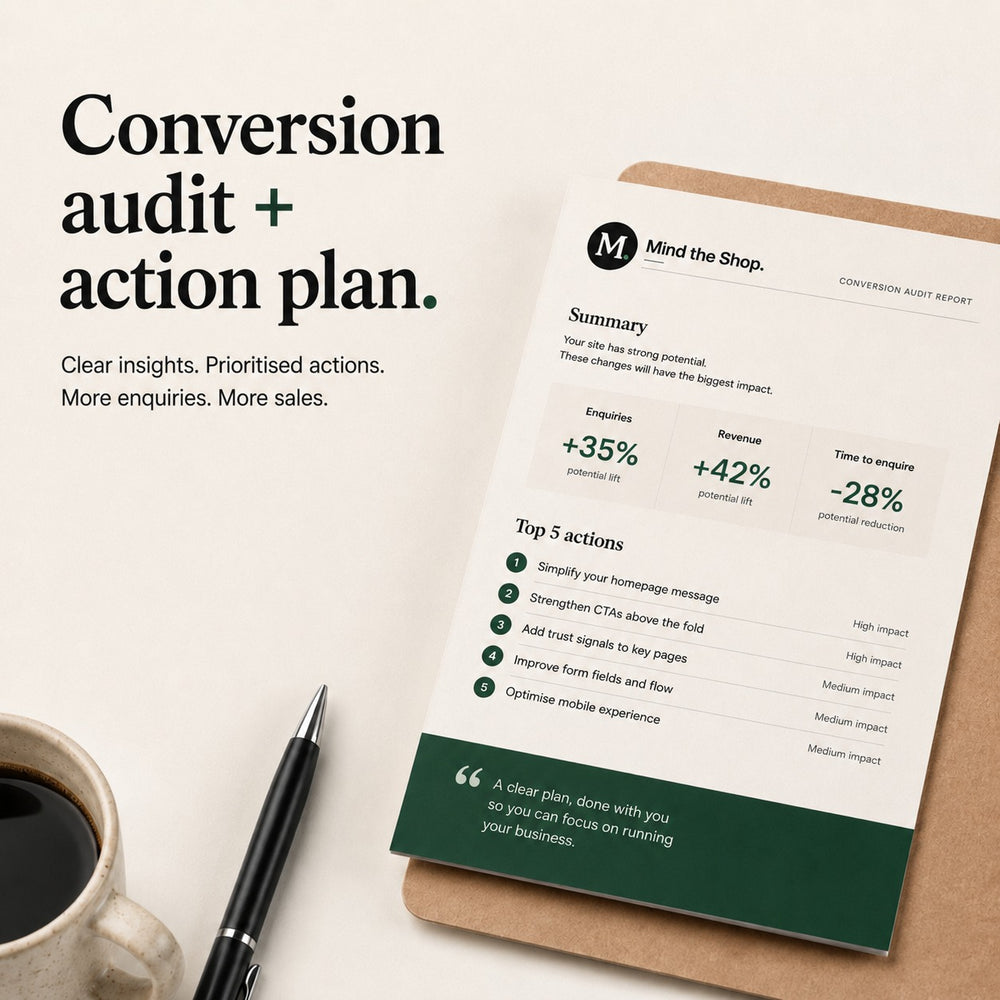Mind the Shop Conversion Audit + Action Plan service cover for website conversion analysis