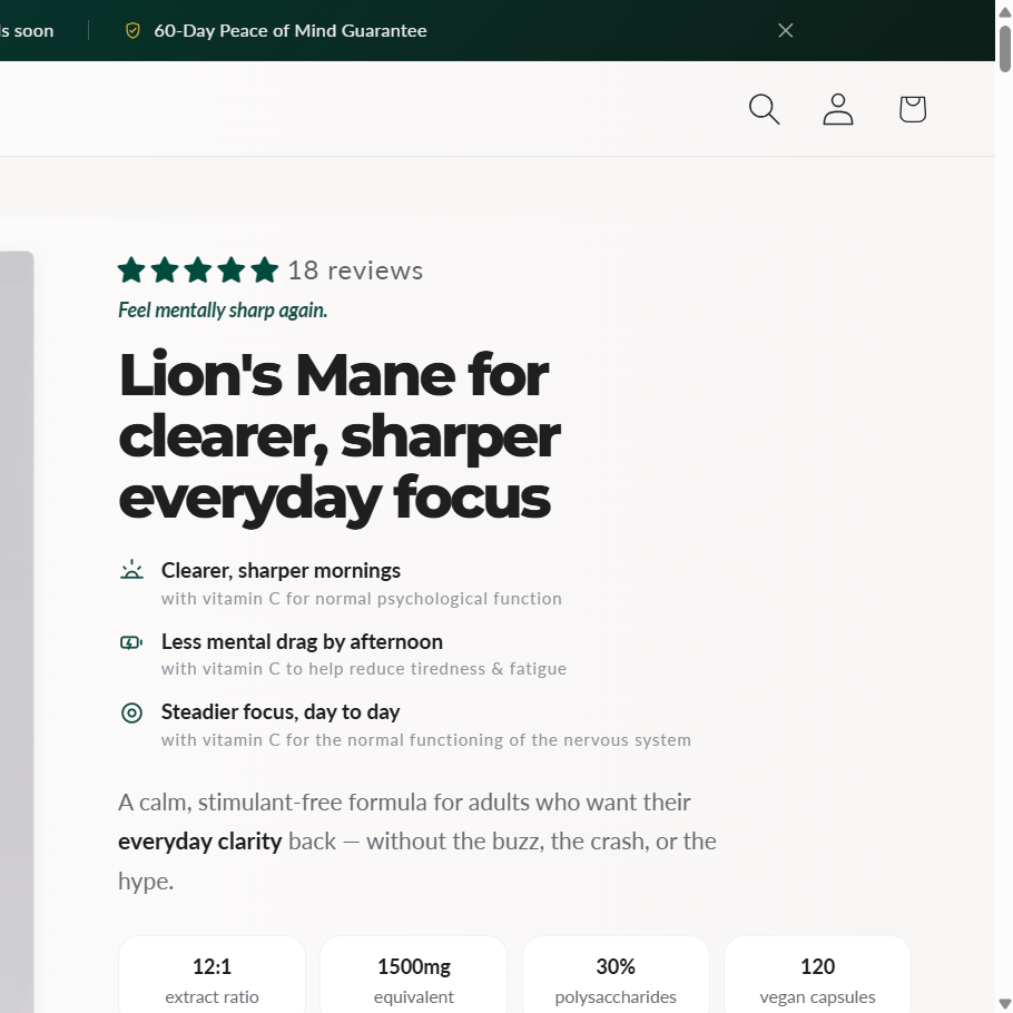 A screenshot of a product page for Lion's Mane Extract supplement. The page features a white bottle with a black label on the left, alongside product details and text on the right.