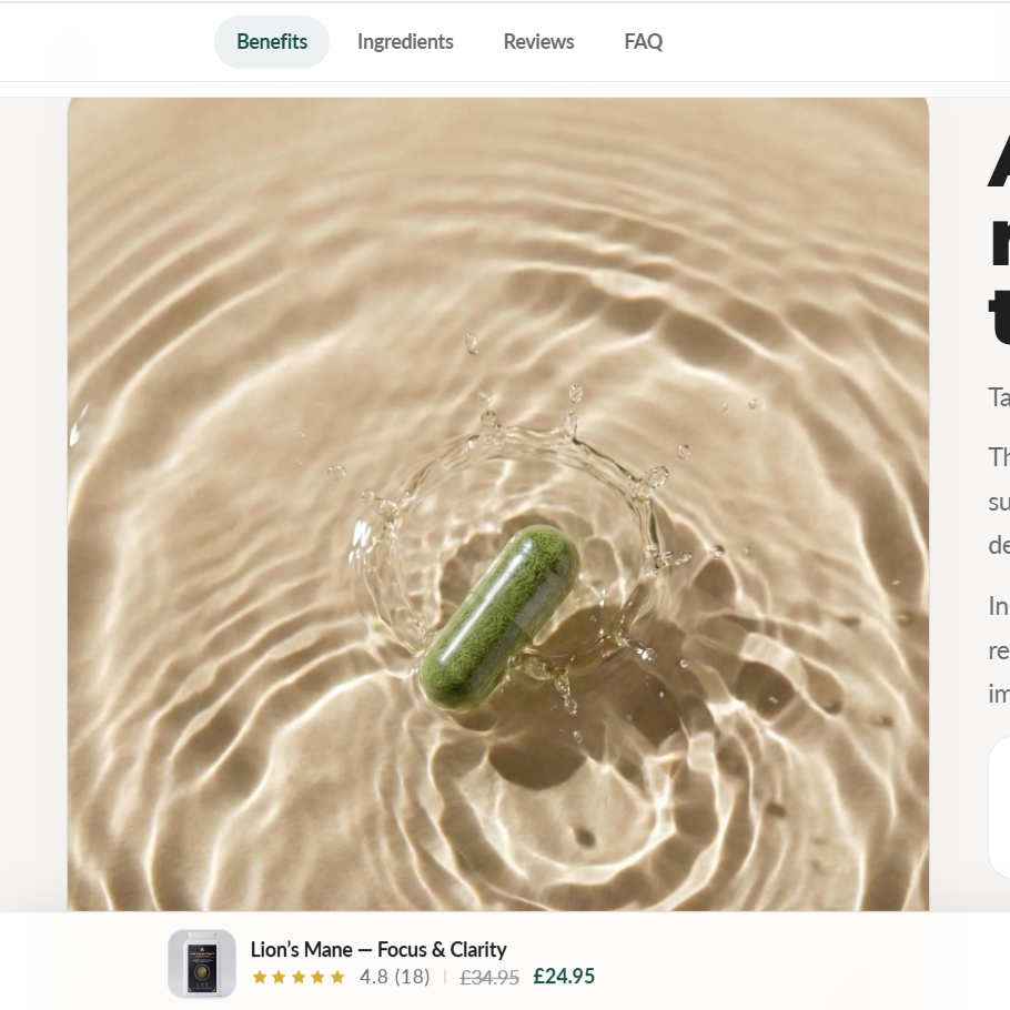 A screenshot of a product page for a daily ritual supplement called 'A simple daily ritual for clearer thinking'. The page features a large image of a green pea in rippling water on the left, with product details and a 'Buy' button on the right.