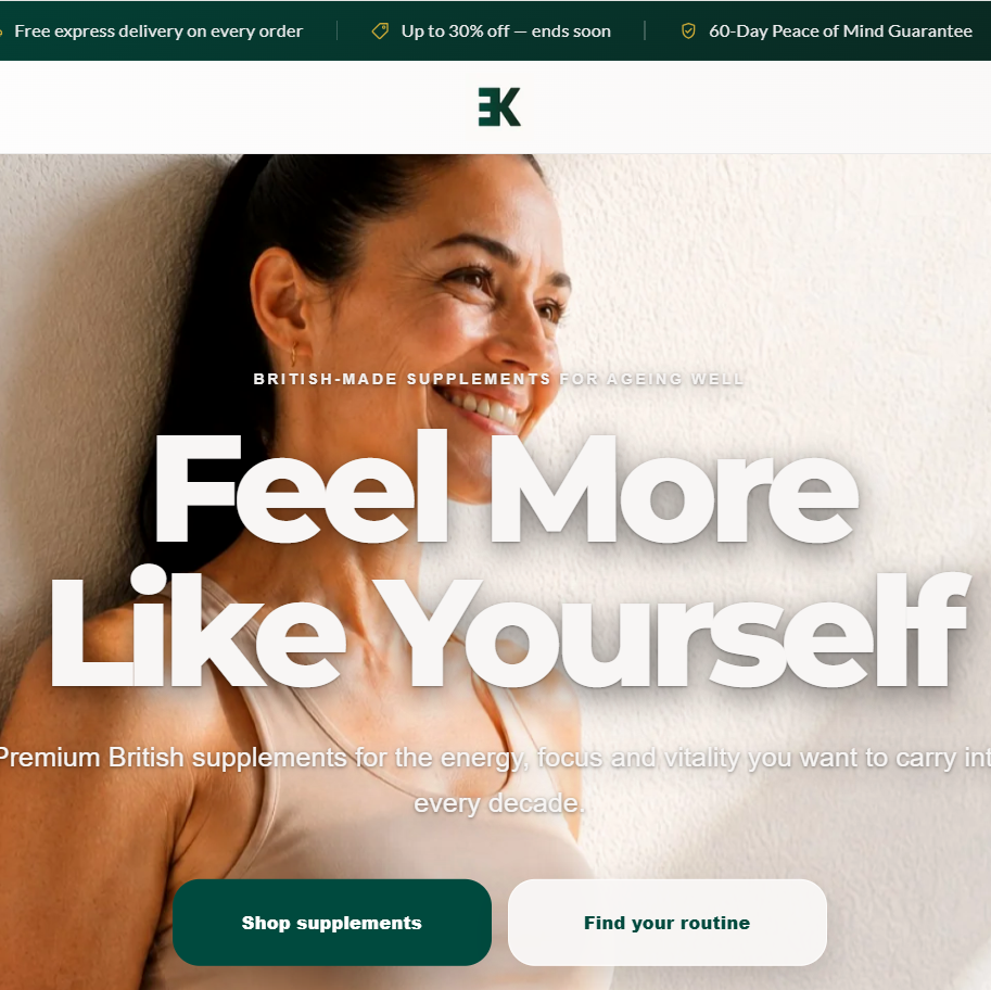 A screenshot of a website homepage featuring a woman leaning against a wall with large text reading 'Feel More Like Yourself' and green and white buttons below.