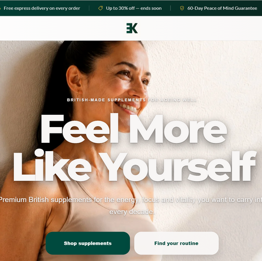 A screenshot of a website homepage featuring a woman leaning against a wall with large text reading 'Feel More Like Yourself' and green and white buttons below.