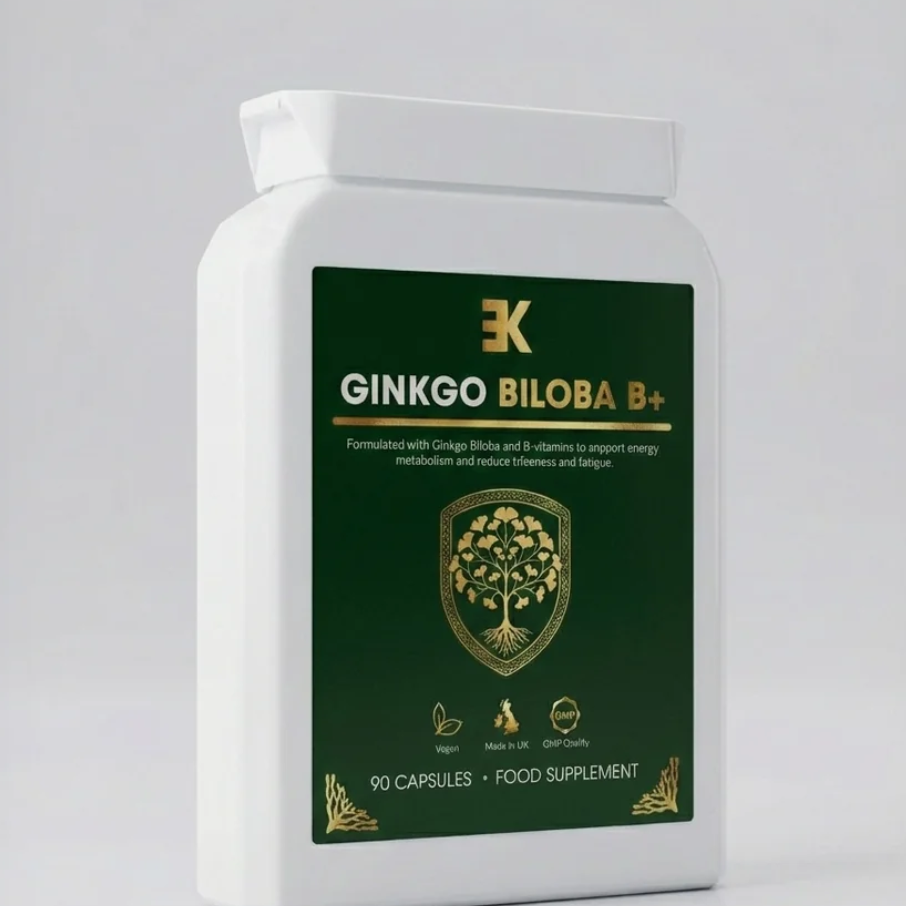A white bottle of Ginkgo Biloba B+ dietary supplement with a dark green label, shown next to promotional text reading 'MENTAL EDGE' on a light gray background.
