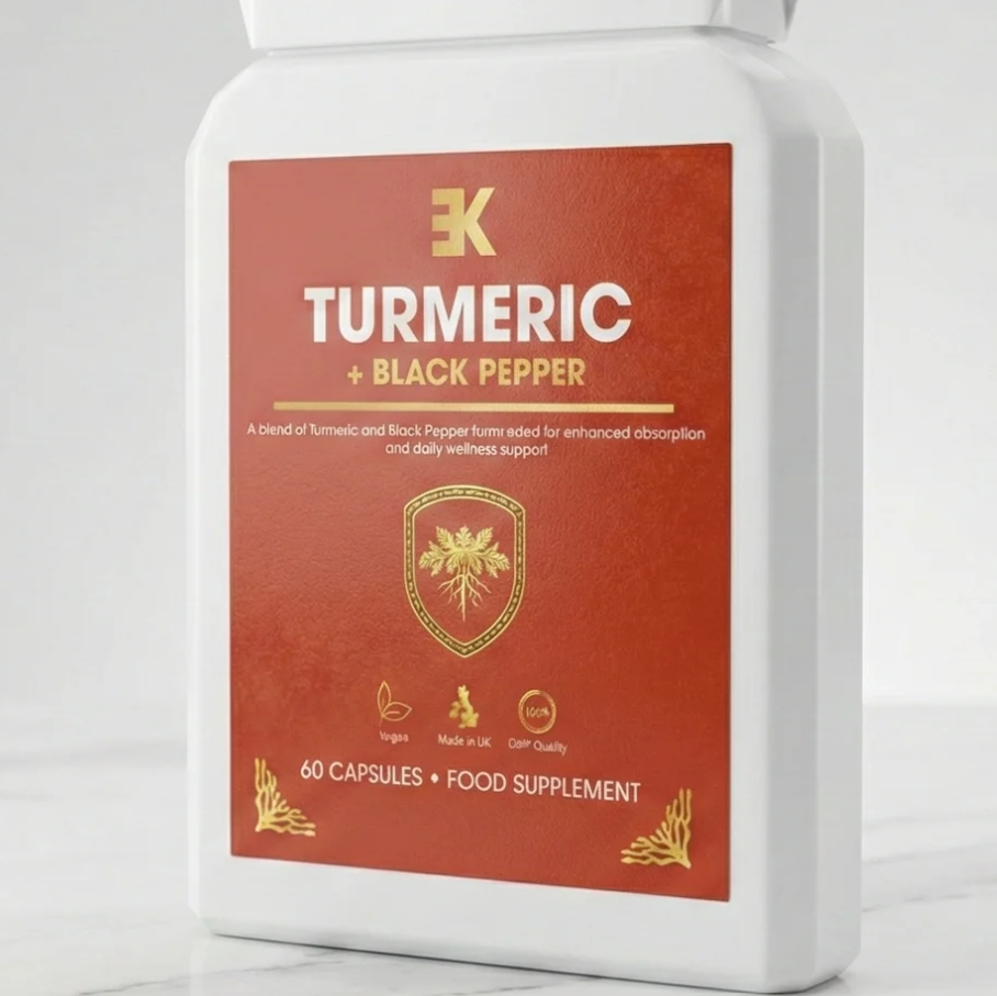 A white bottle of K Turmeric + Black Pepper capsules shown on a light gray background with promotional text on the left. The bottle has a red label with gold text and a gold shield logo.