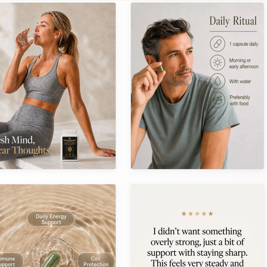 A screenshot of an e-commerce product page for Lion's Mane supplement, showing two lifestyle photos of men, product details, customer reviews, and pricing information.