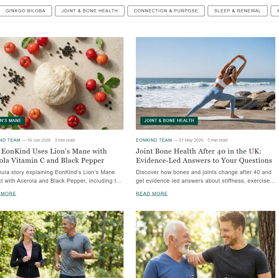 A screenshot of a website homepage featuring six blog post thumbnails with images and text, including topics like joint health, turmeric, and wellness. The layout has a white background with green and dark gray accents.