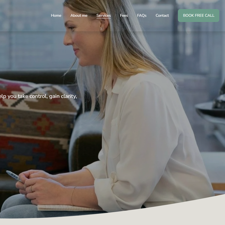 A website banner for Calm Horizons CBT, featuring a woman sitting on a couch in a living room setting, with text that reads 'Explore Evidence-Based CBT Tailored to You' and a green 'Book My Free Call' button.