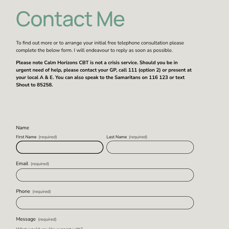 A contact form template with the heading 'Contact Me' on a light gray background, alongside a lifestyle photo of a woman with glasses working on a laptop at a table with a glass of milk.