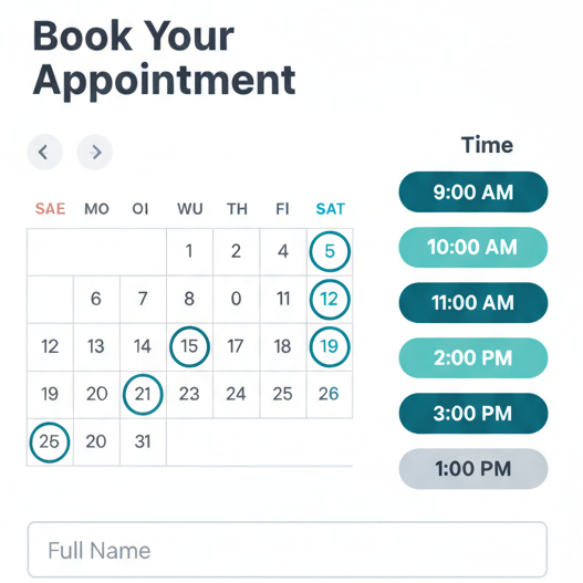 A digital mockup of a white appointment booking card with a calendar, time slots, and fields for full name and email address on a light gray background.