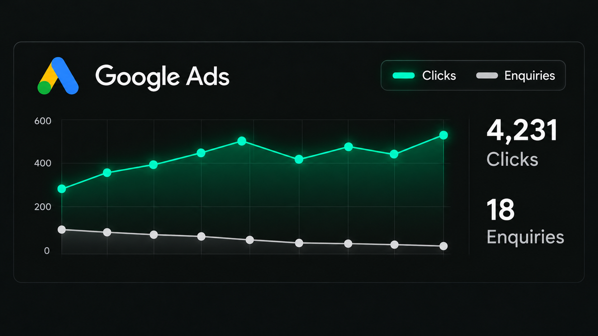 Illustrative Google Ads dashboard comparing clicks with enquiries