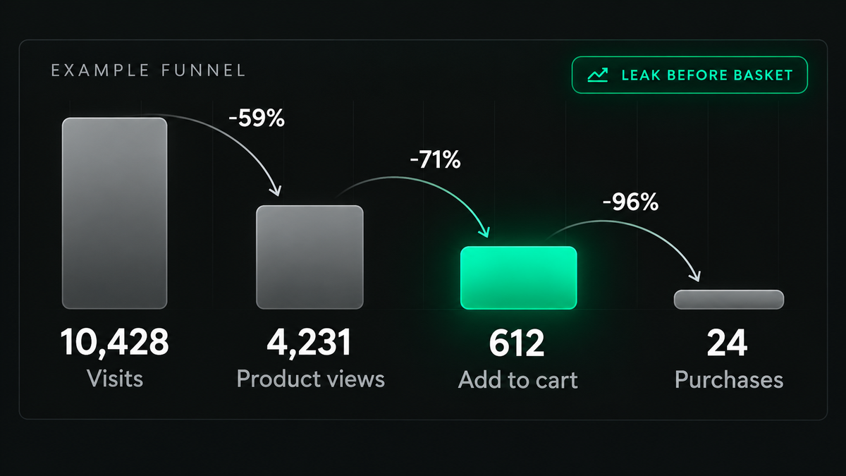 Illustrative ecommerce funnel showing Shopify visits dropping to purchases